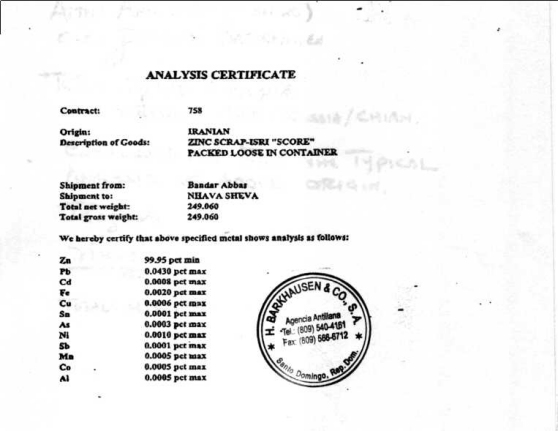 Iran Zinc Specs